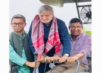সুনামগঞ্জে একসঙ্গে ধান কাটলেন তিন মন্ত্রী