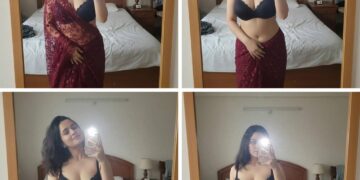 আয়নার সামনে মেরুন শাড়ি ও কালো অন্তর্বাস পরা এক নারী সেলফি তুলছেন, যা একটি নতুন ফ্যাশন ট্রেন্ডের প্রতীক।